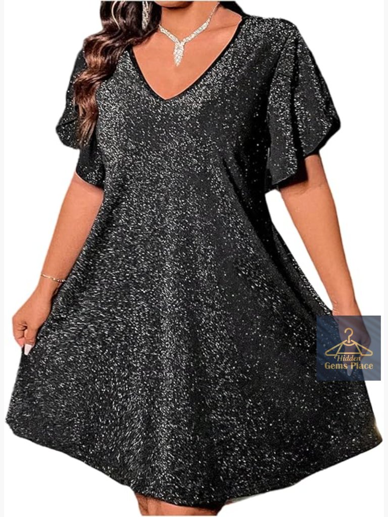 Plus Size Glitter Cocktail Dress Sparkly Short Sleeve Flared Party